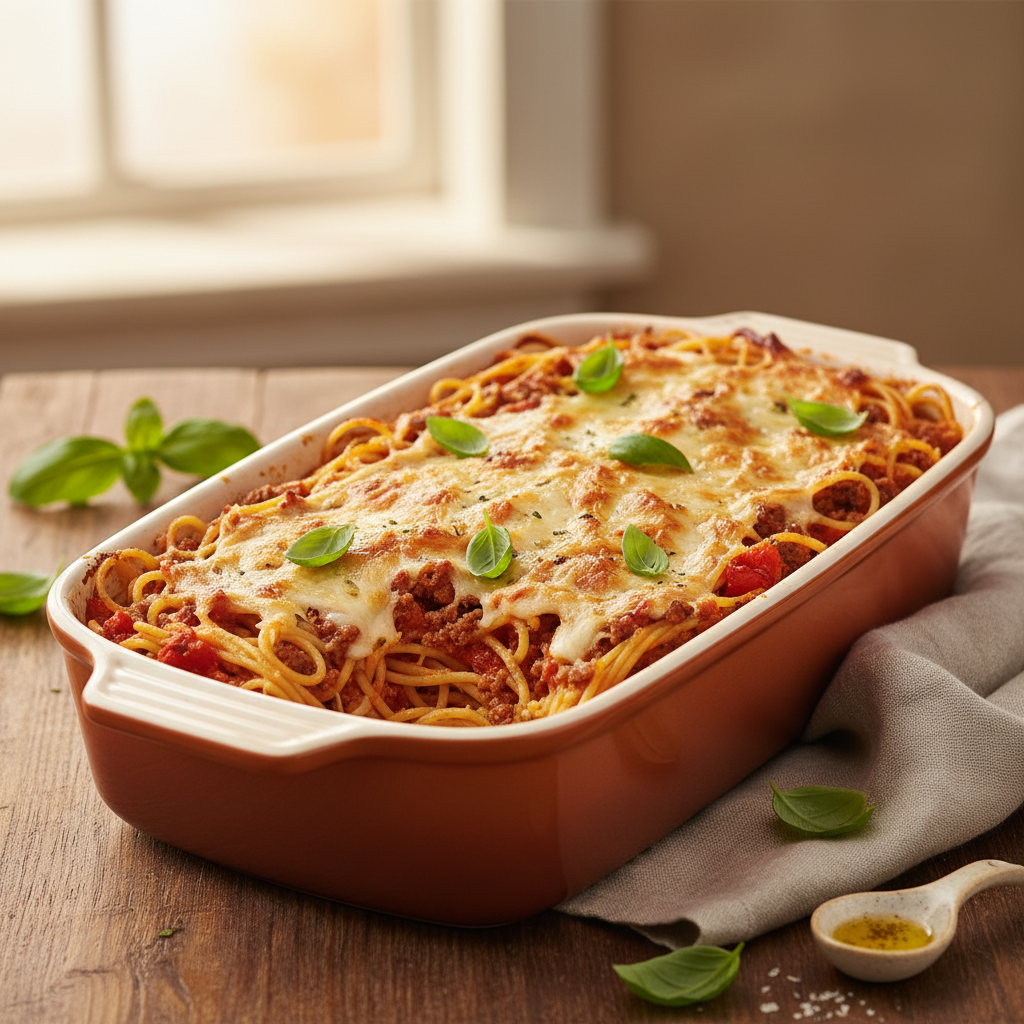 Skinny Spaghetti Casserole finished dish