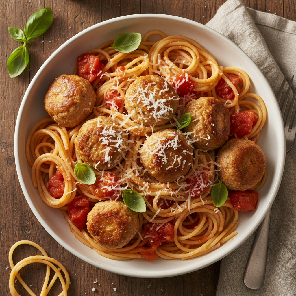 Chicken & Ricotta Meatballs with Spaghetti finished dish
