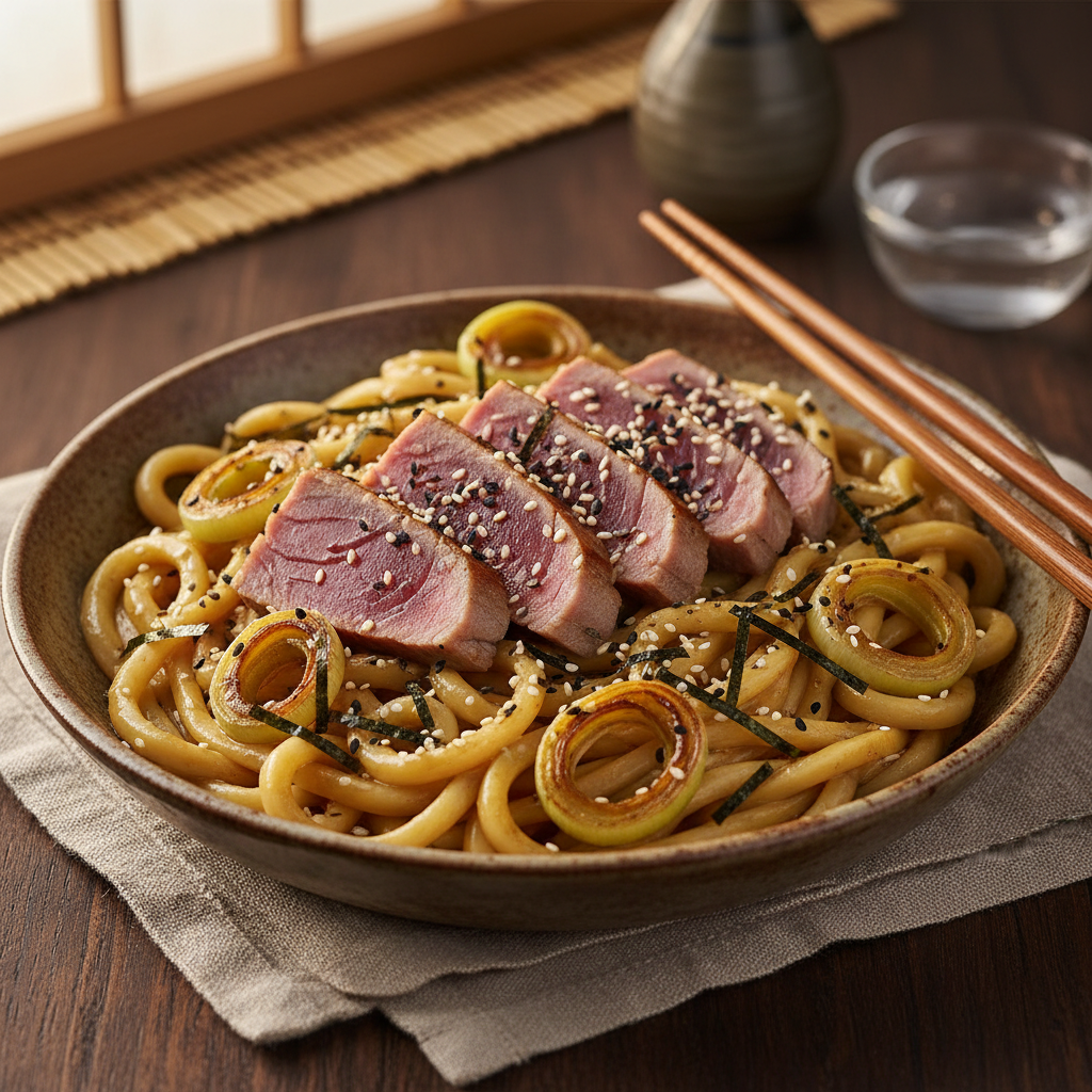 Miso Butter Udon Noodles with Tuna & Leek finished dish