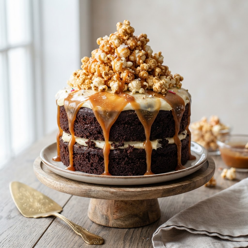 Toffee Popcorn Fudge Cake finished dish
