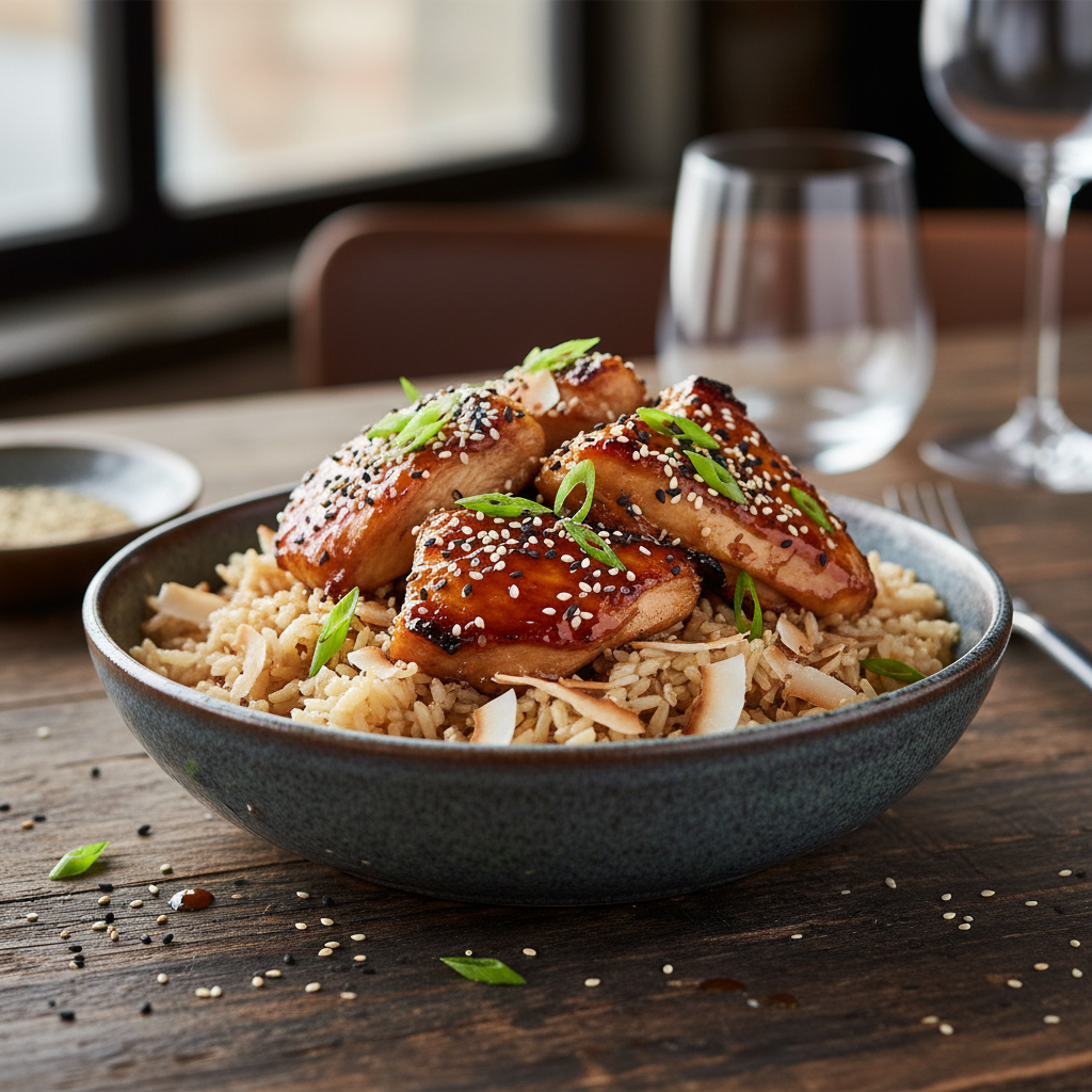 Soy & Honey Chicken with Coconut Brown Rice finished dish