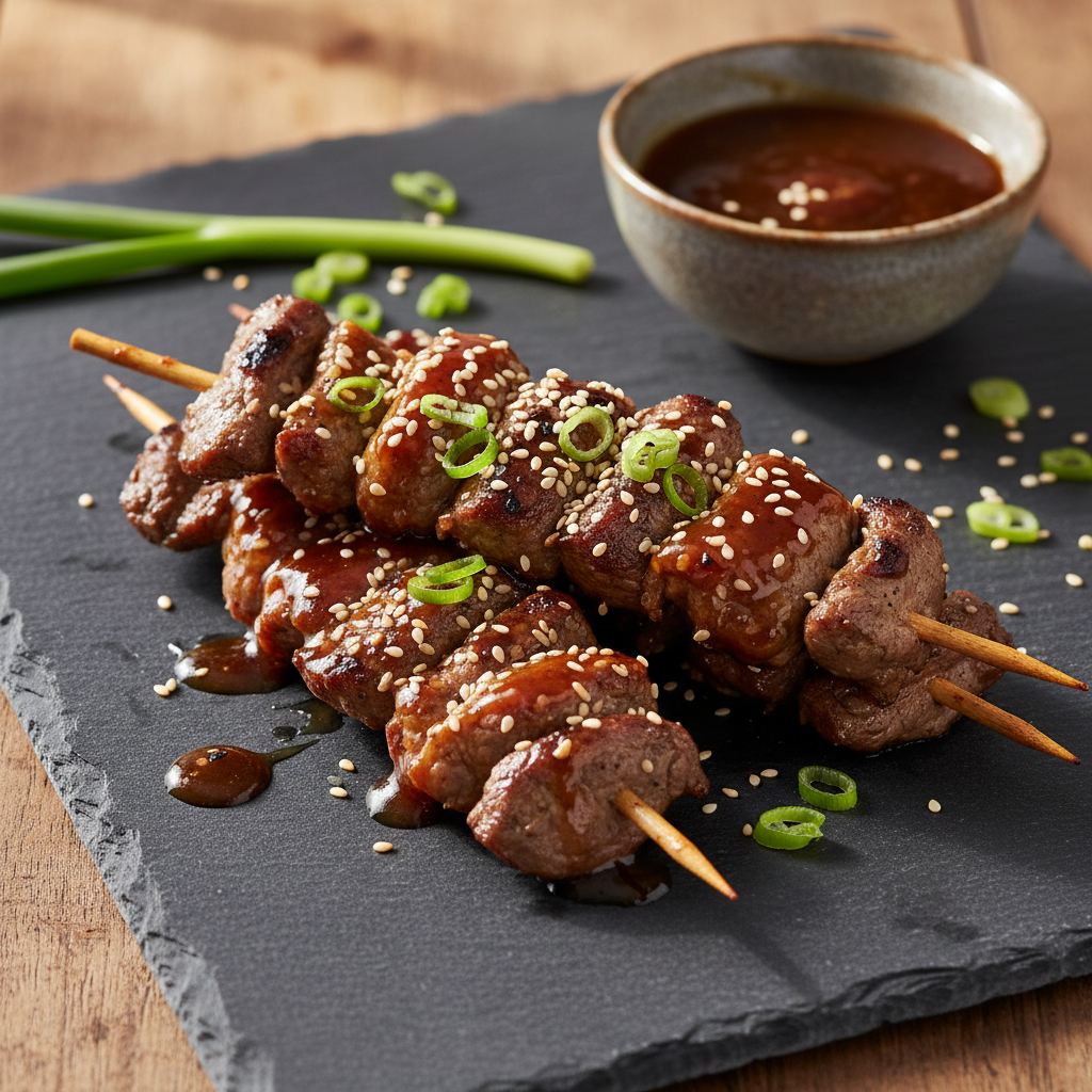 Zingy Teriyaki Beef Skewers finished dish