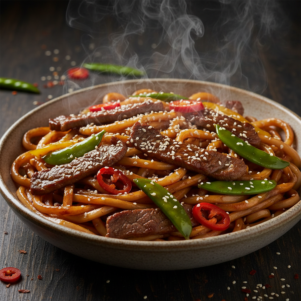 Chilli Beef Udon Noodles finished dish