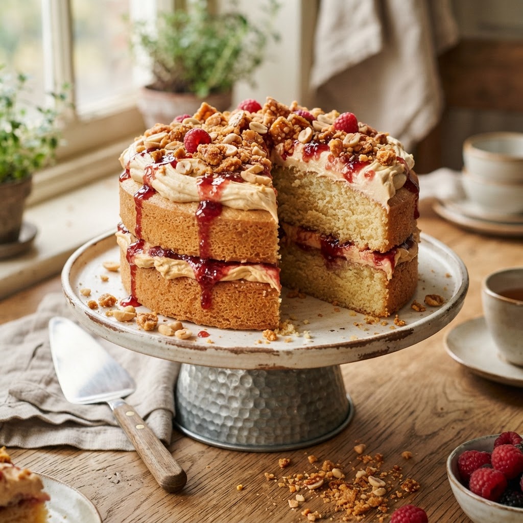Peanut Butter and Jam Brown Butter Sponge Cake finished dish