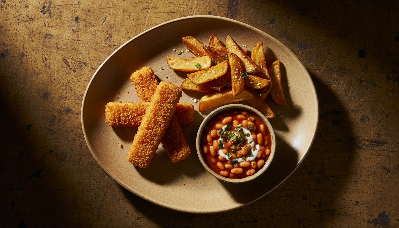 Fish Fingers Chips and Beans finished dish