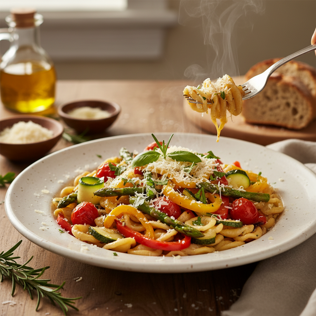 Garlic Pasta with Veggies & Parmesan finished dish