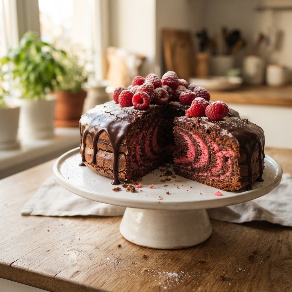 Chocolate Raspberry Zebra Cake finished dish
