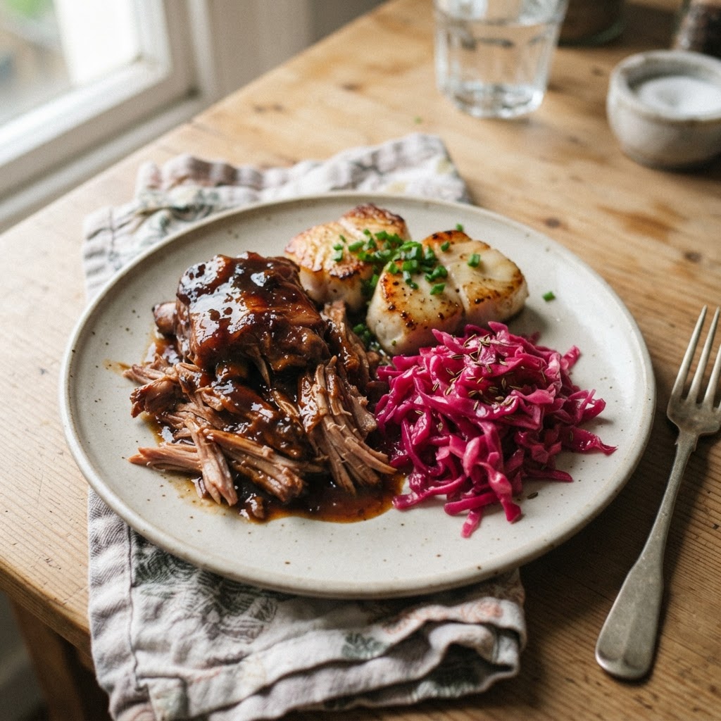Slow-Cooked Pork Ribs with Monkfish and Pickled Cabbage finished dish