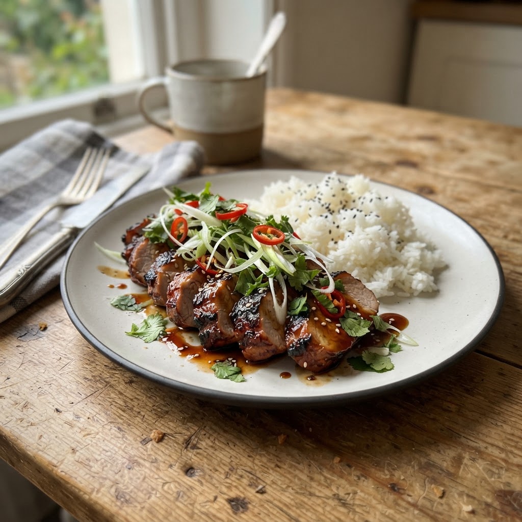 Sticky Soy and Ginger Pork finished dish