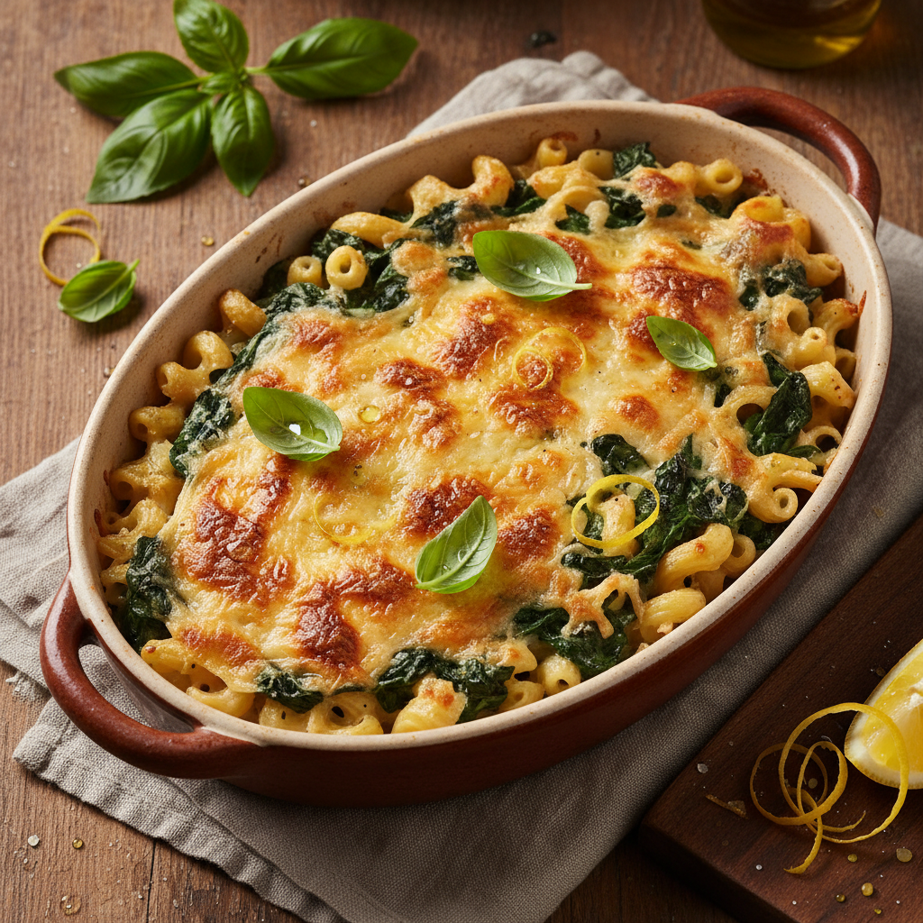 Lighter Lemony Pasta & Spinach Bake finished dish