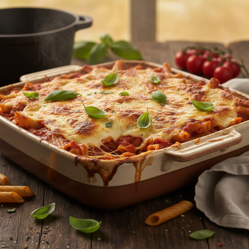 Healthy Baked Ziti finished dish