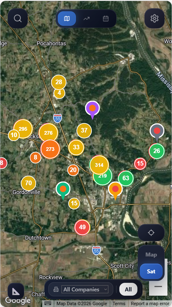 Color-coded map pins showing lead statuses