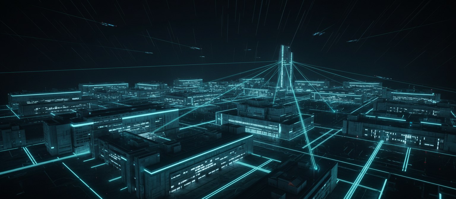 Futuristic medical campus with light trails representing data connectivity