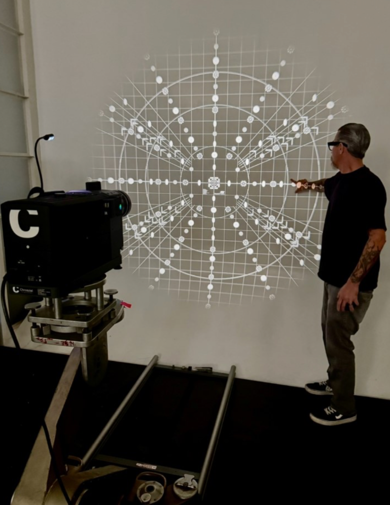 Lens calibration projection test with technician
