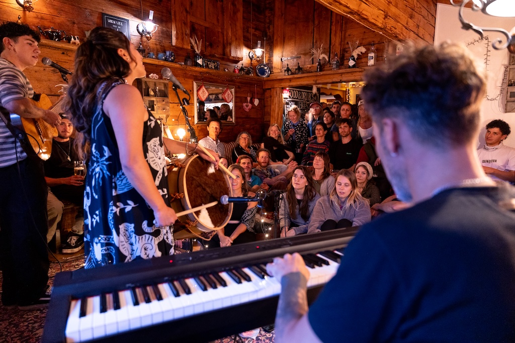 Keyboardist and band performing indoors