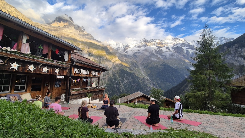 Yoga session on the Mountain Hostel terrace