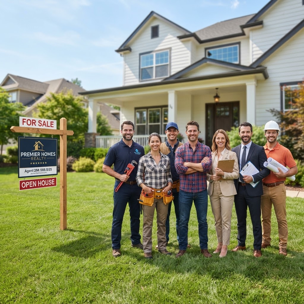 Home service professionals and real estate agents in front of a house