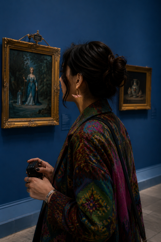 Woman viewing paintings in a museum gallery