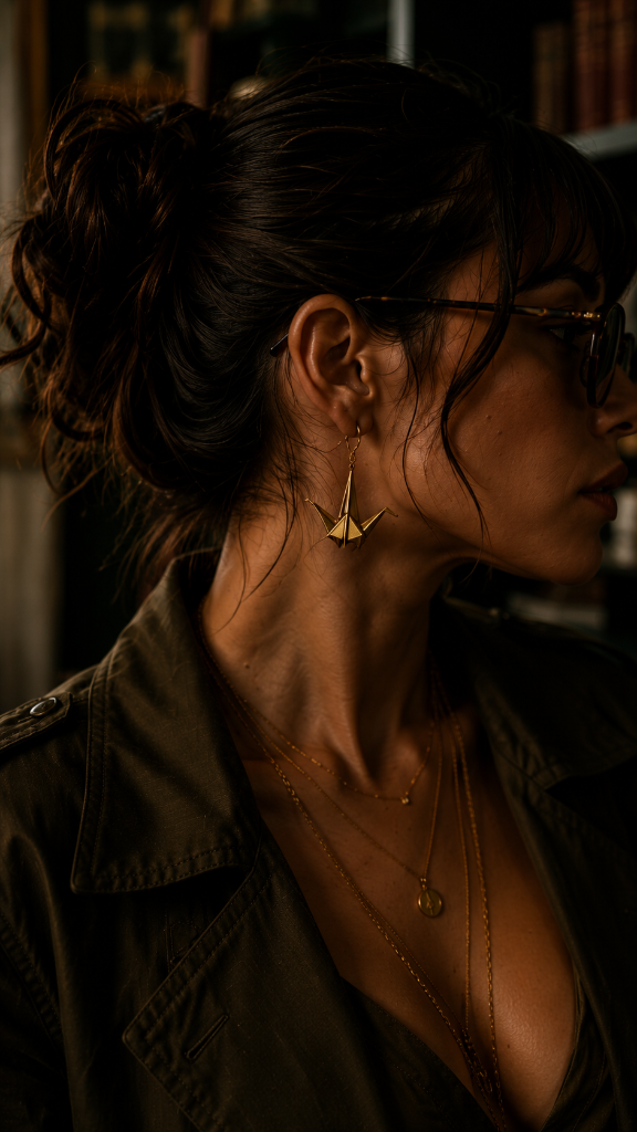 Close up of gold crane earring and layered necklaces