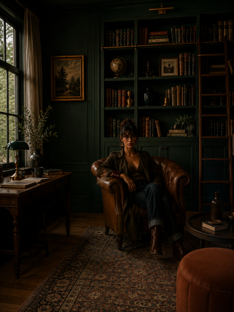 Woman seated in a dark green library reading room wearing crane jewelry
