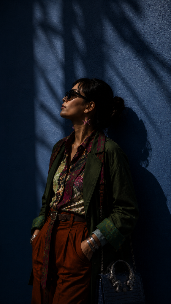 Woman standing in dramatic shadow light wearing crane earrings