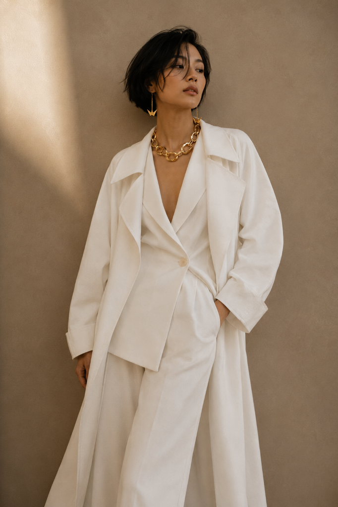 Woman in white coat wearing gold crane earrings and chain necklace