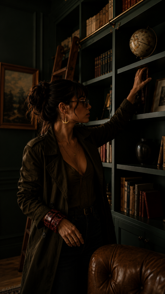 Woman reaching for a globe on a bookshelf