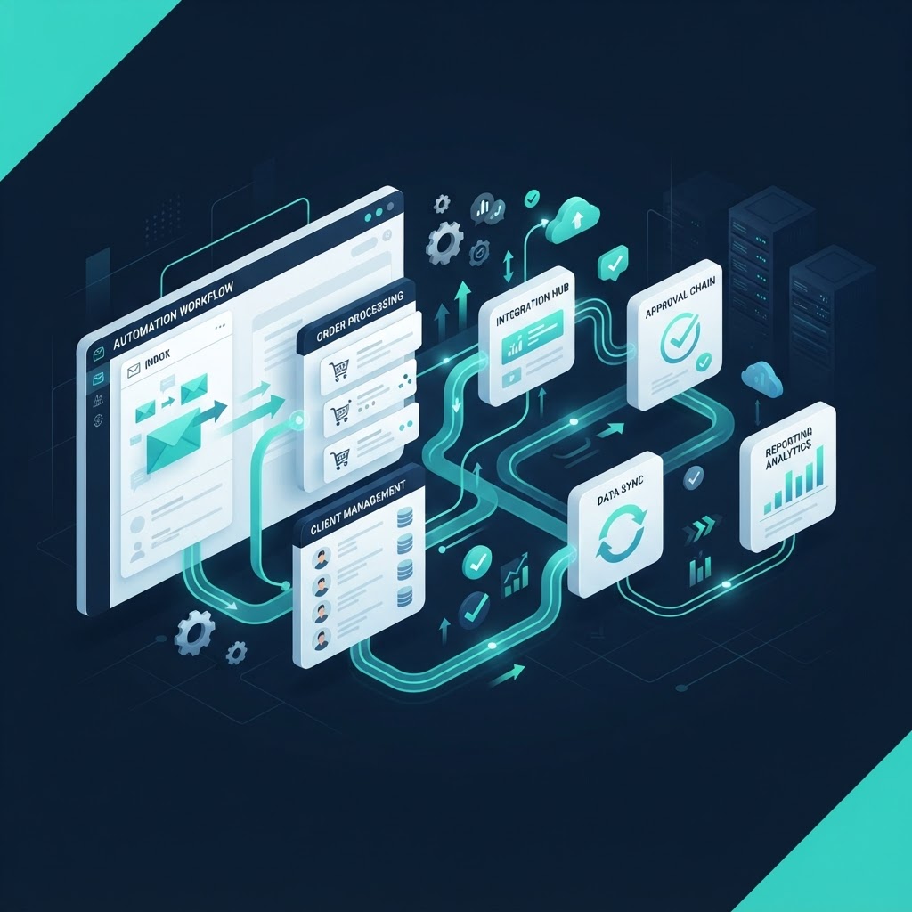 Ilustración conceptual de automatización empresarial: correos, pedidos, clientes y sistemas conectados
