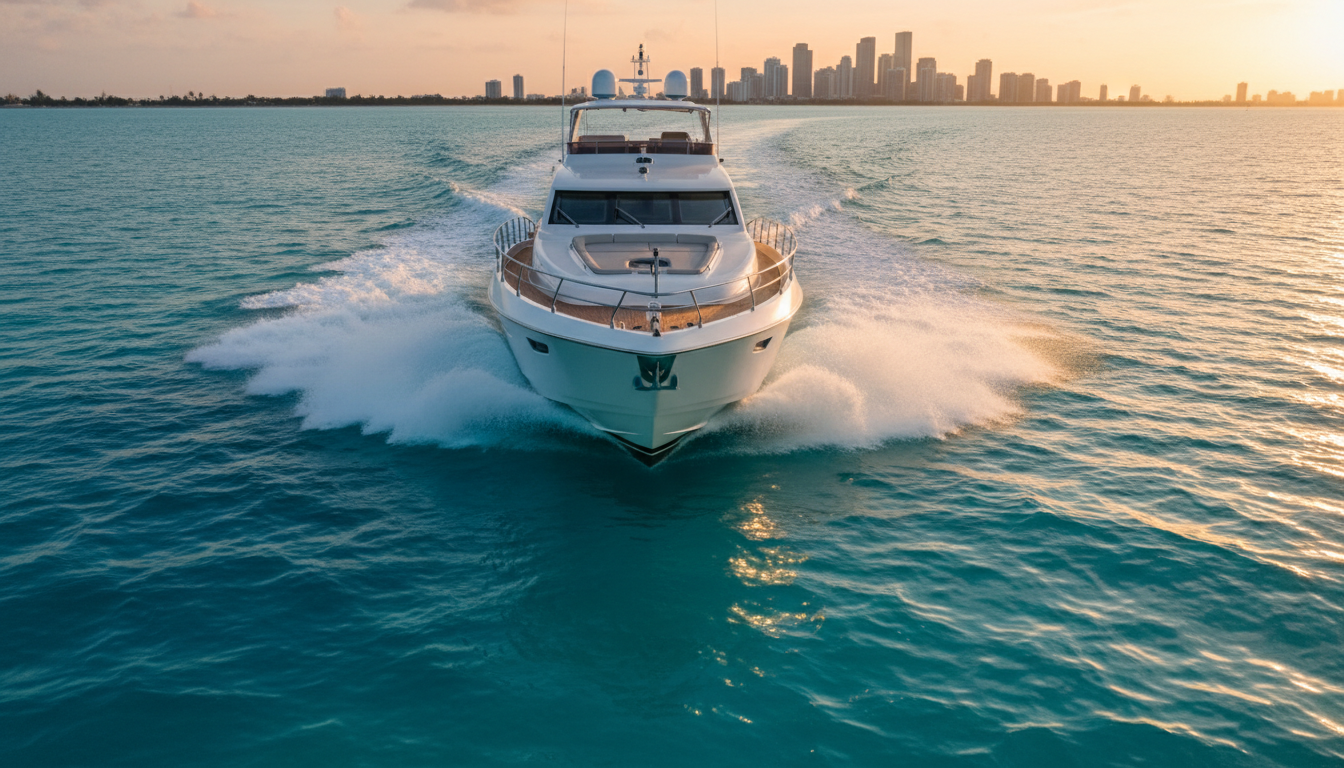 Premium boat charter cutting through turquoise Miami waters