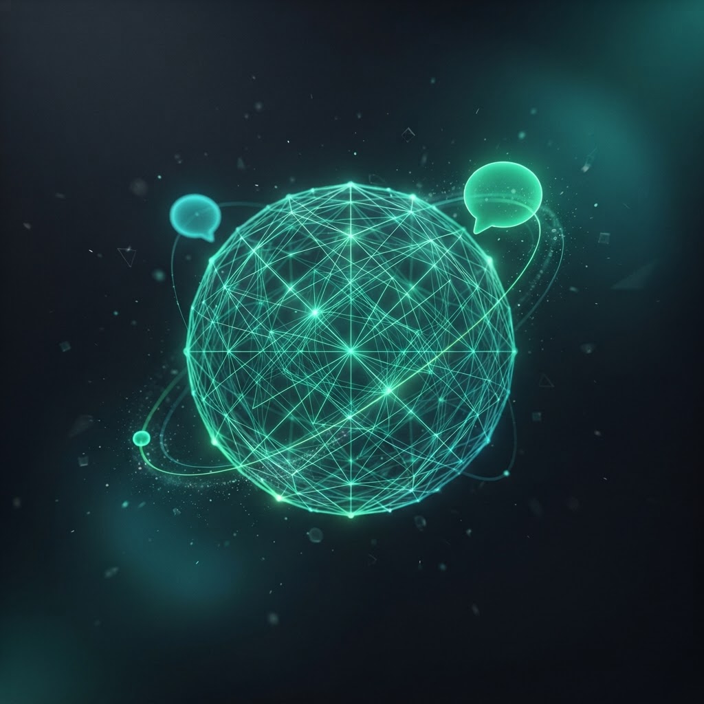 Glowing emerald and teal wireframe sphere with two orbiting chat bubbles on a dark background