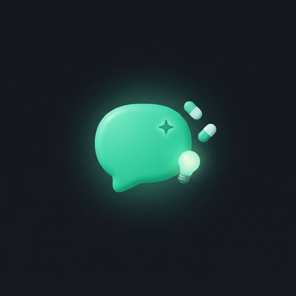 Teal-green speech bubble with a sparkle beside a lightbulb