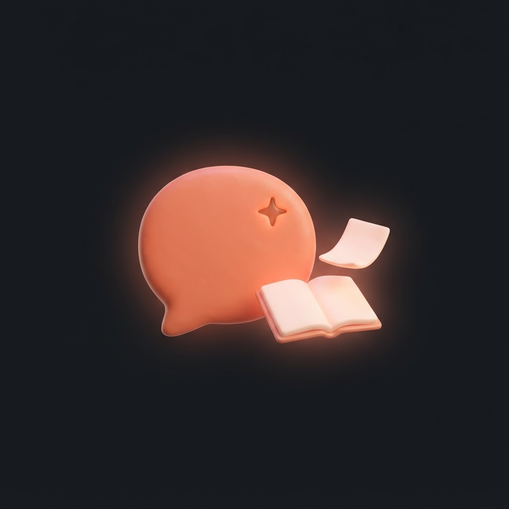 Coral-orange speech bubble with a sparkle beside an open notebook