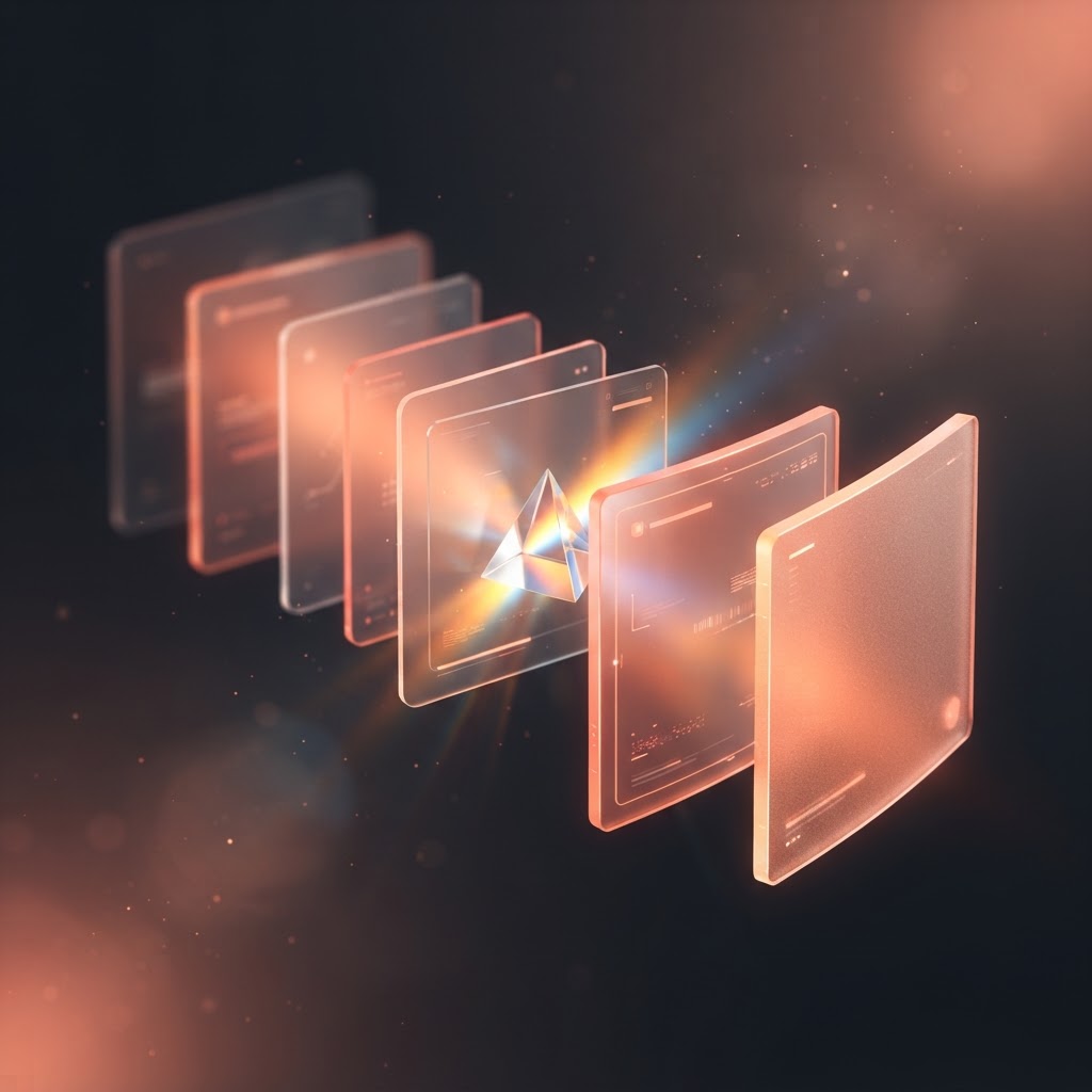 Layered translucent document panes glowing warm orange and coral, refracting through a small prism on a dark background