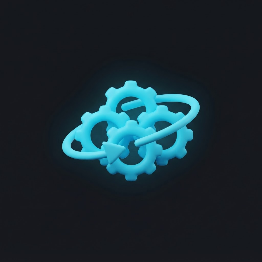 Interlocking glowing cyan gears with a curved arrow