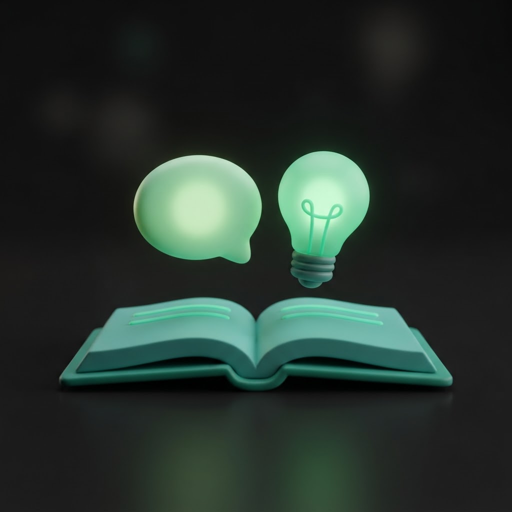 Glowing chat bubble and lightbulb above an open book