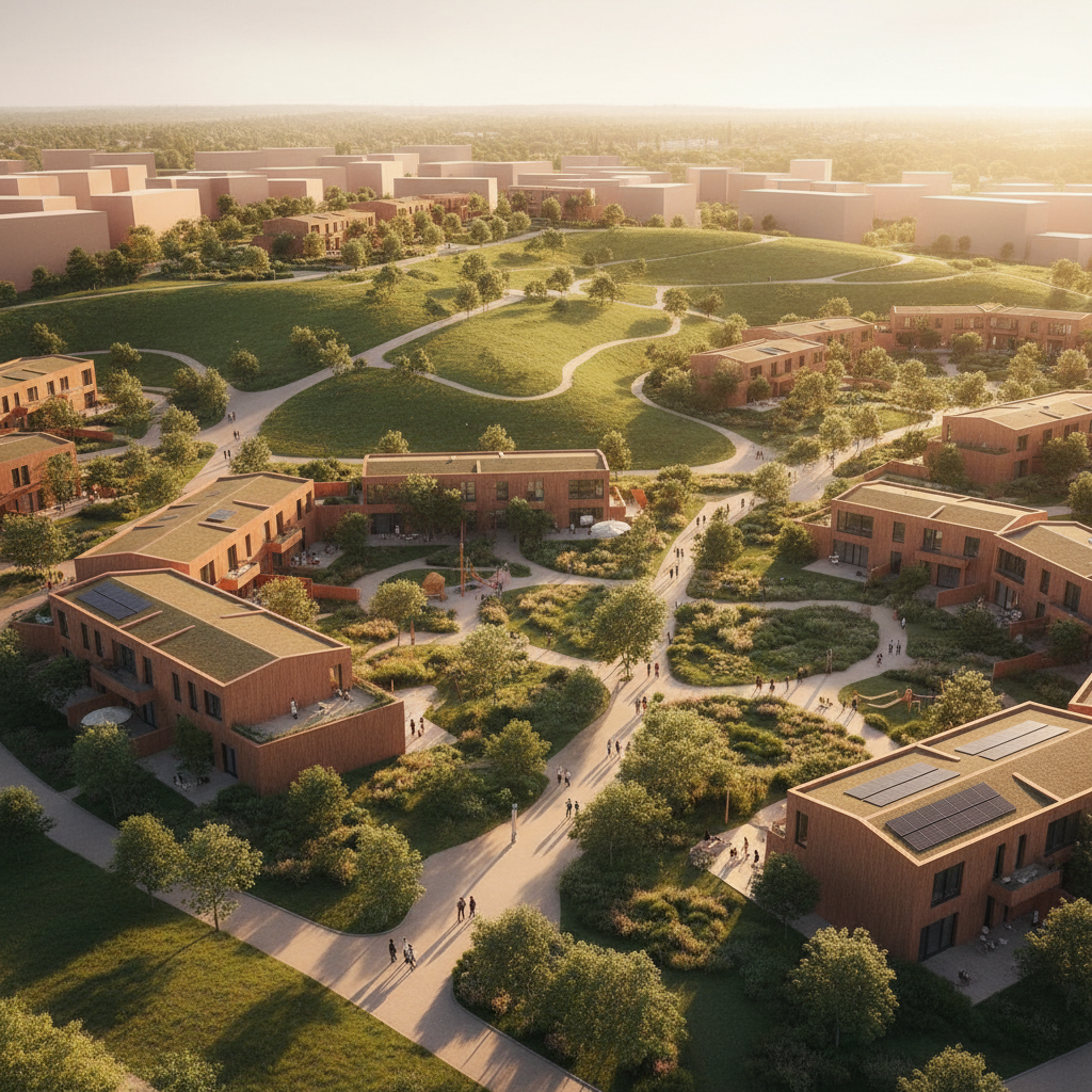 Aerial view of a warm modern community neighborhood at golden hour