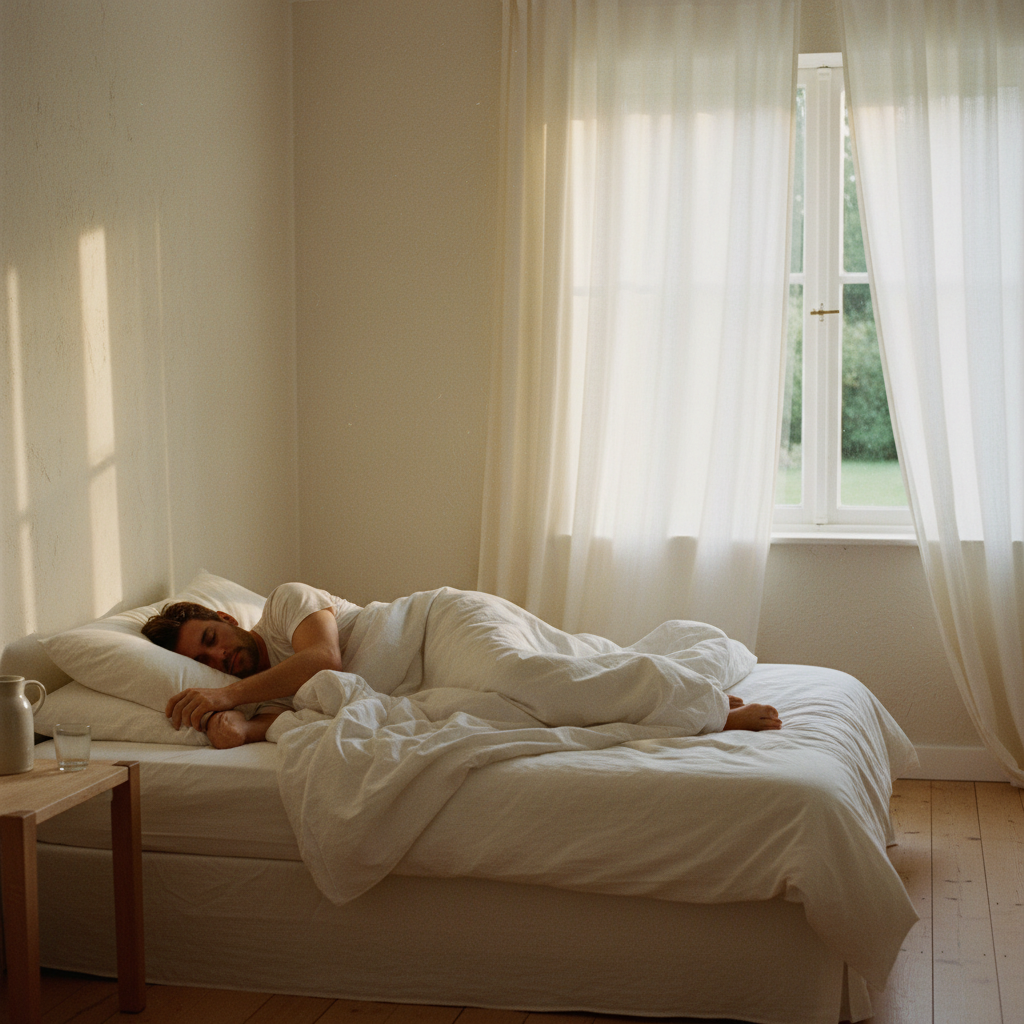 Peaceful morning sleep in crisp white linen with warm light