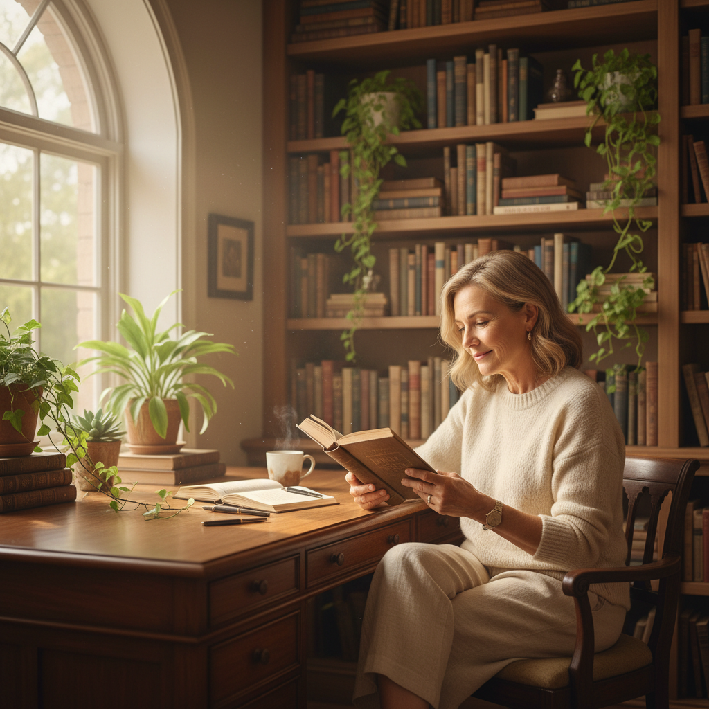 Woman studying at a light-filled wooden desk surrounded by books and plants