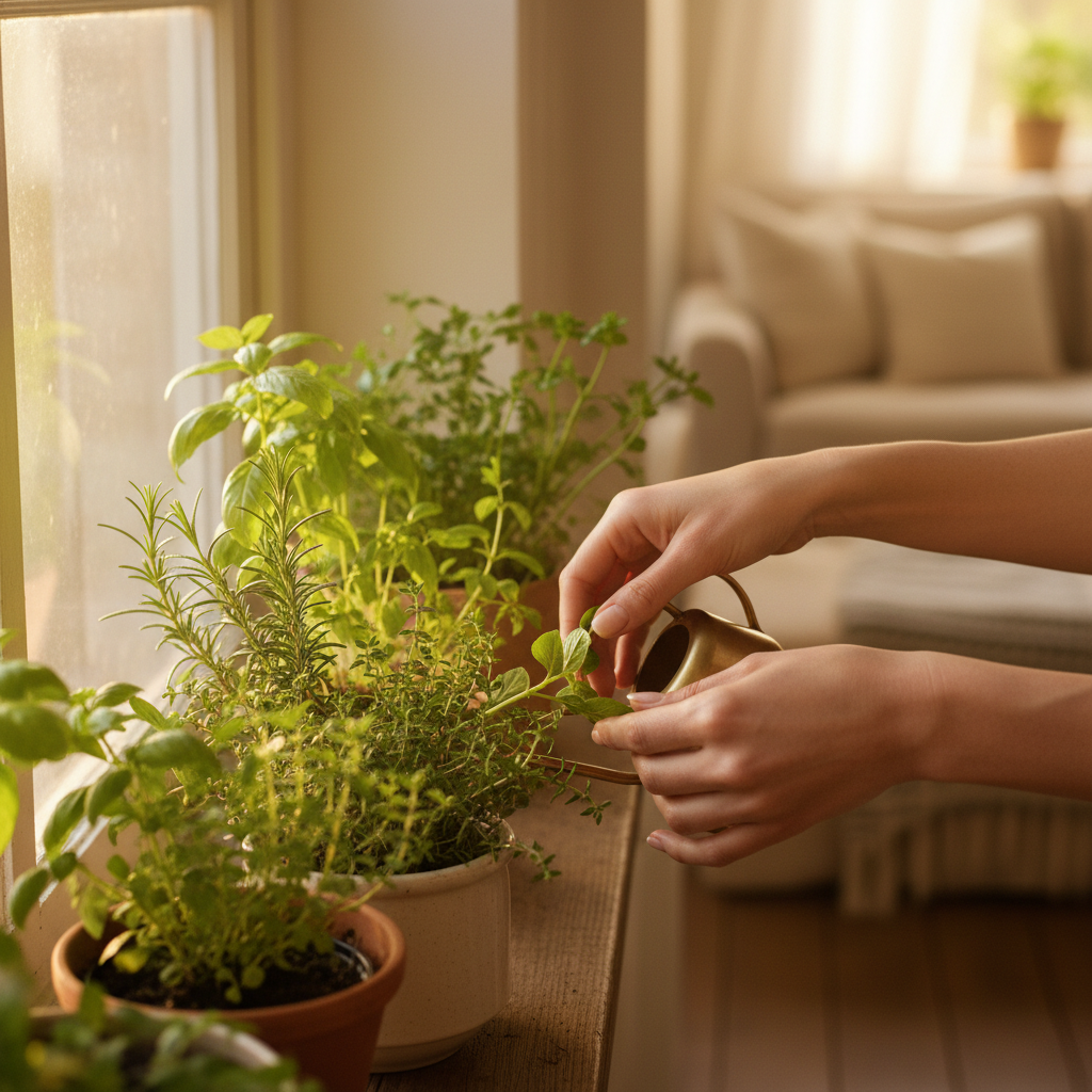 Hands tending to a herb garden in morning light