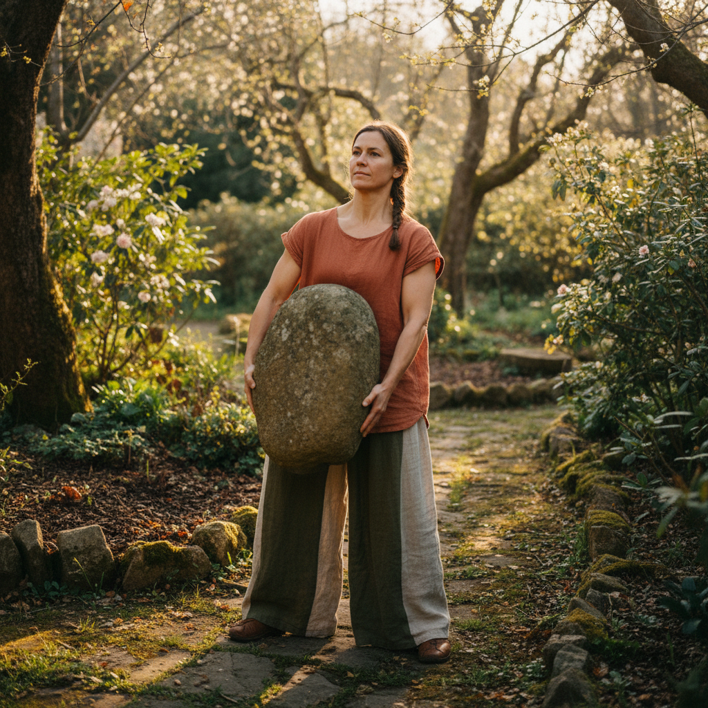 Woman lifting outdoors in a garden setting with calm strength