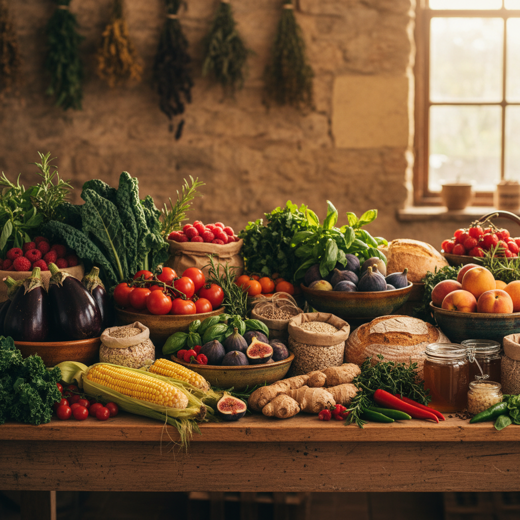 Abundant seasonal vegetables and whole foods at a farmers market