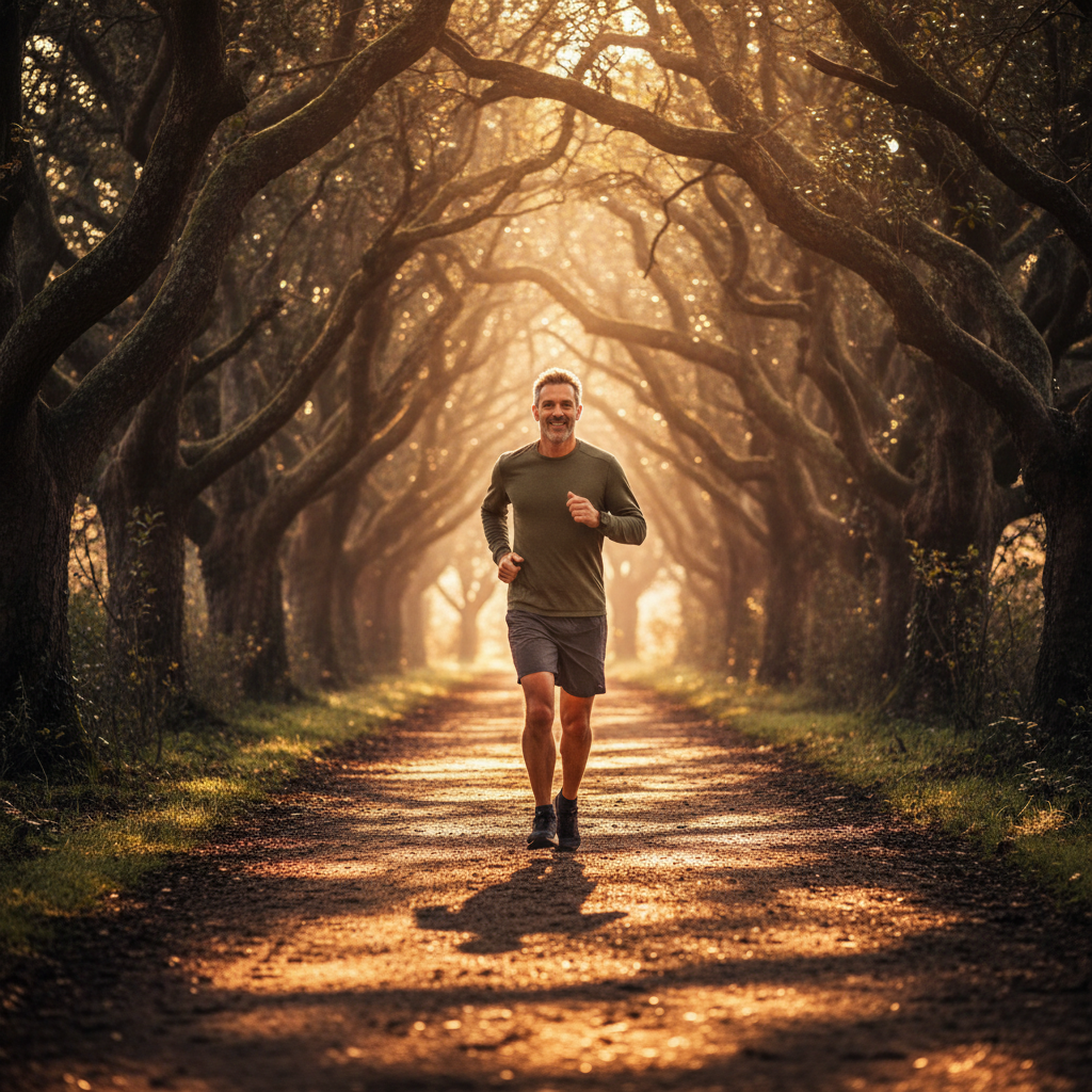 Man running along a tree-lined path at dawn