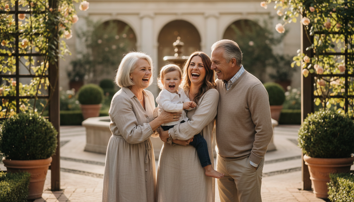 Multi-generational family laughing together in a sunlit architectural garden
