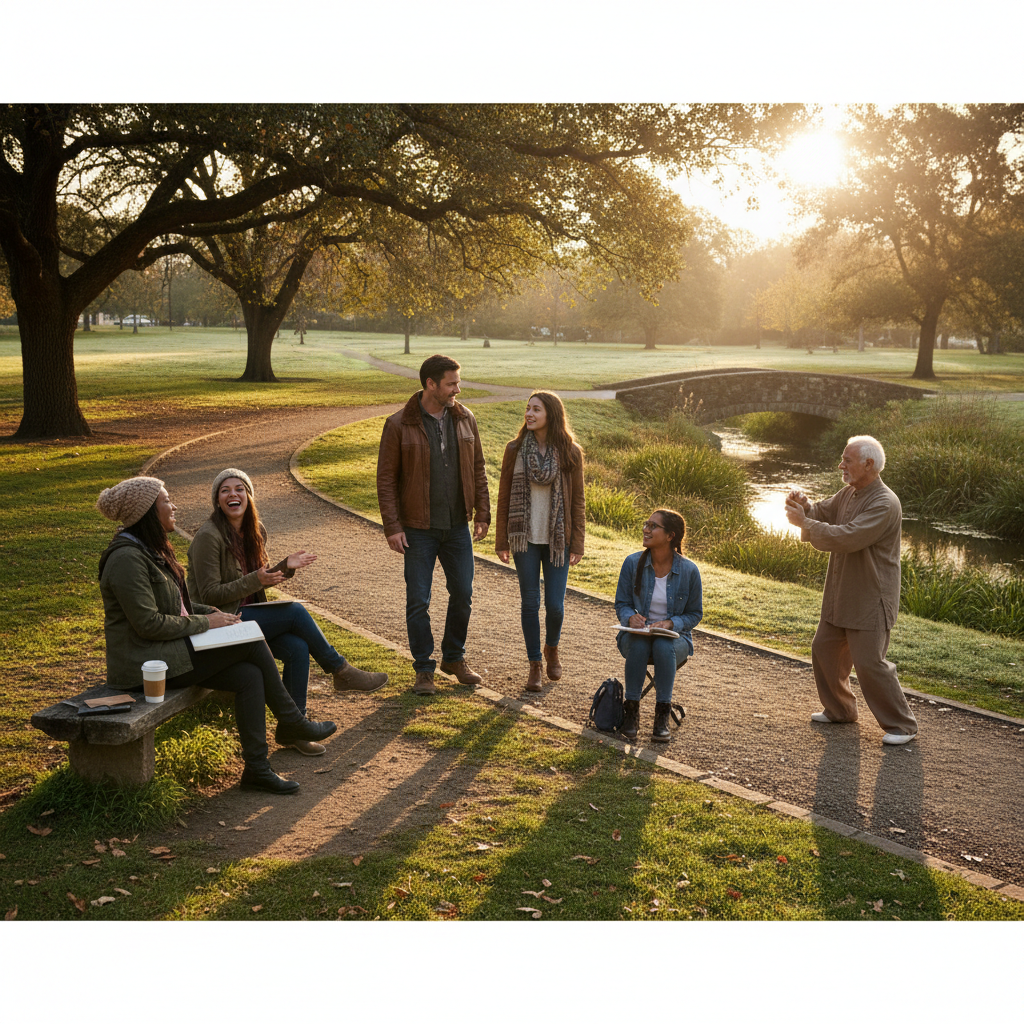 Multi-generational community gathering in a sunlit neighborhood park