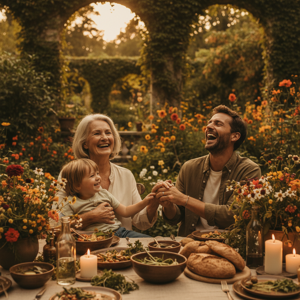 Three generations of a family laughing together at an outdoor table at dusk