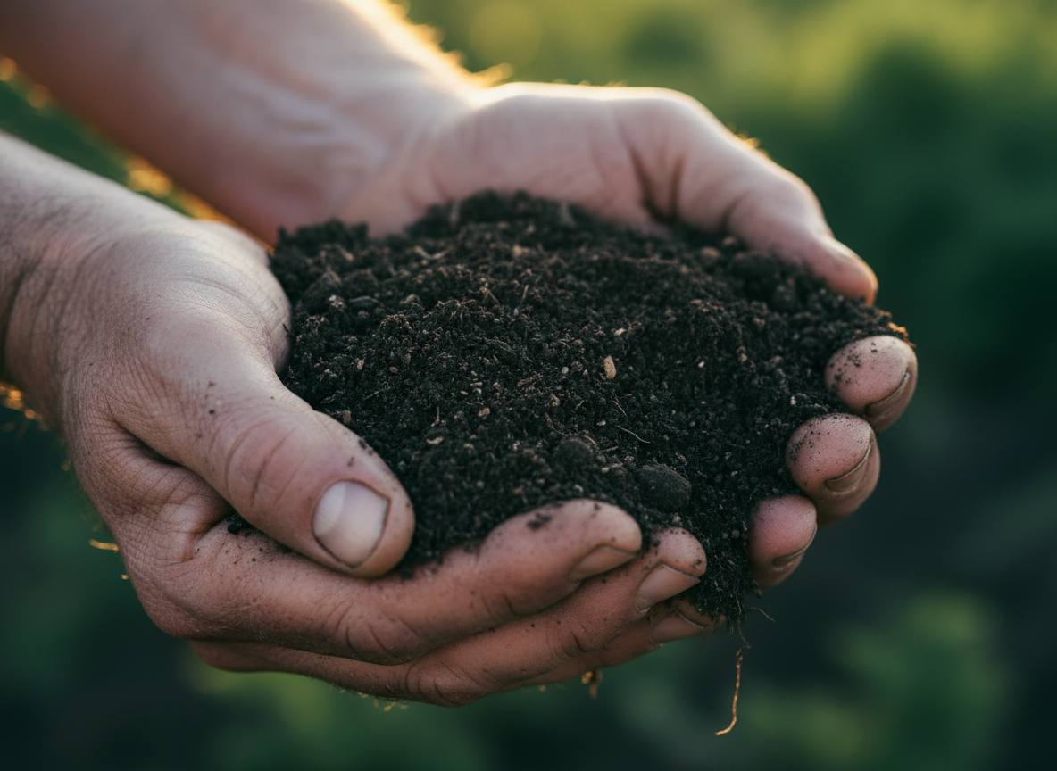Mãos de agricultor segurando solo fértil