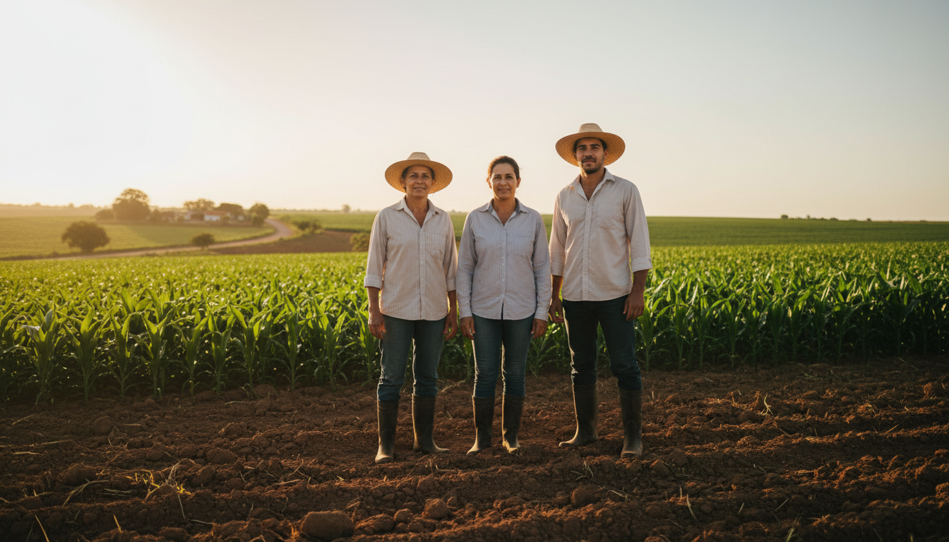 Família de agricultores brasileiros em campo verde ao nascer do sol