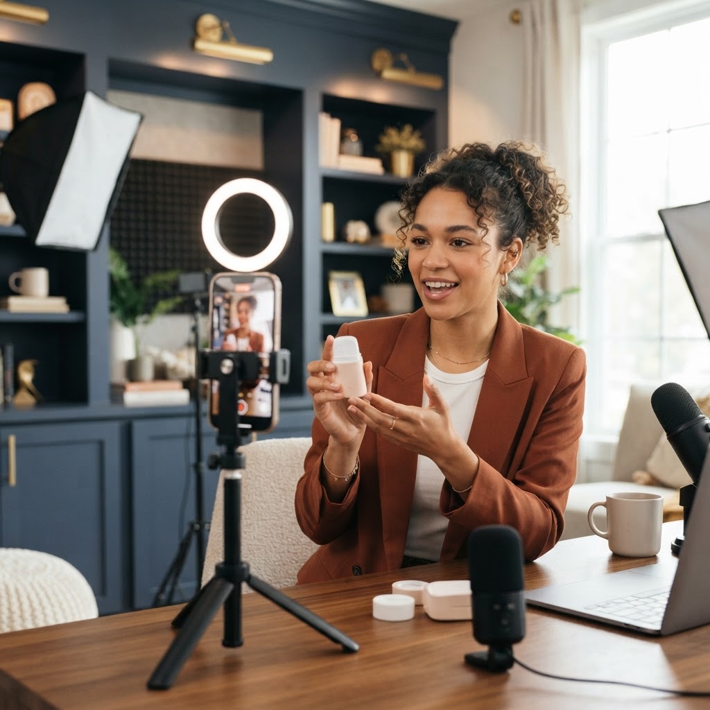 Creator recording a product demonstration on a vertical smartphone