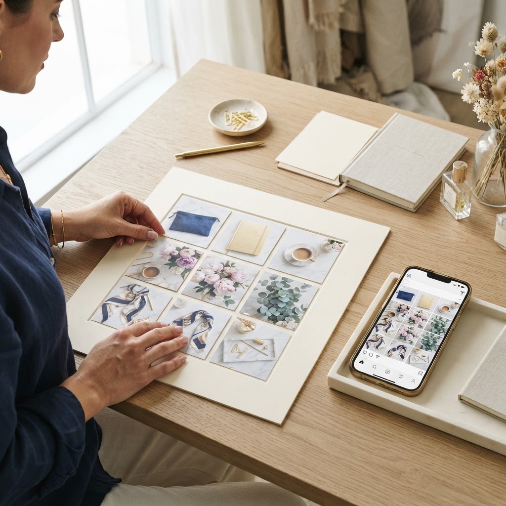 Art director arranging a coordinated social media photo grid