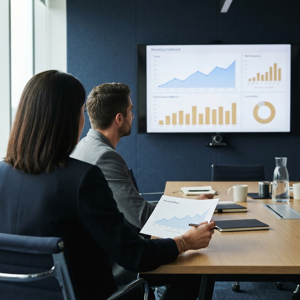 Agency and client reviewing marketing performance charts together